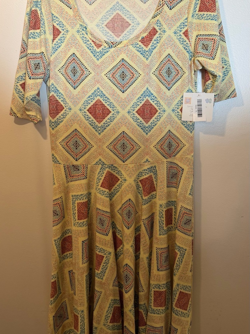 LuLaRoe Yellow Dress with Rust and Teal Geometric Print